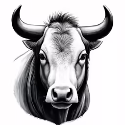 a black and white image of a cow with horns