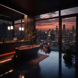 a fancy bath tub overlooking the city lights