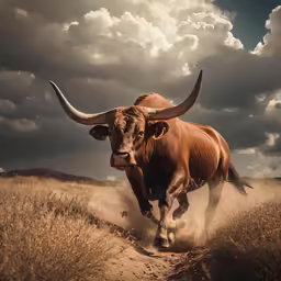 a large bull is running down a dirt path