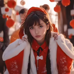 a young woman wearing an orange sweater and red scarf