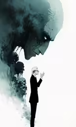 the man is walking in front of an animation artwork