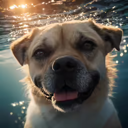 a dog smiling while swimming in the water