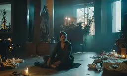 the person is sitting on the floor near many candles
