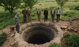 the people are standing at the hole in the dirt