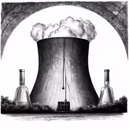 a black and white drawing of a cooling tower with smoke