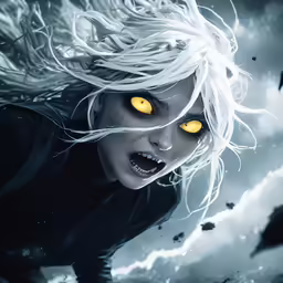 a woman with bright yellow eyes looks to her left