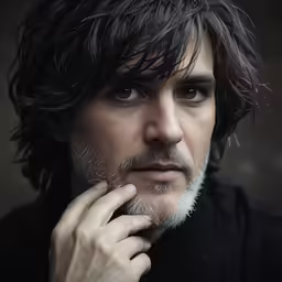a close up of a person wearing a jacket with hair blowing in the wind