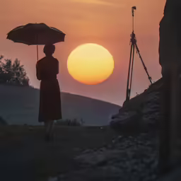a woman in a red dress holding an umbrella walking towards the sun