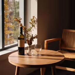 a table with flowers and a bottle of wine on it