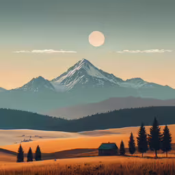 the mountain view shows a field that is covered with pine trees and grass,the sun rises above the mountains and a house on the hill