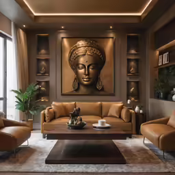 a large buddha head is painted in brown