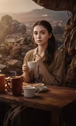 a woman sitting at a table holding a cup