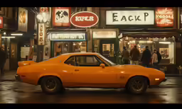 a car parked outside a store in the rain