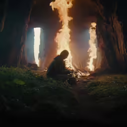 man sitting by fire on the ground at night