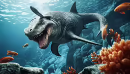 a very large, creepy looking shark swimming in an aquarium