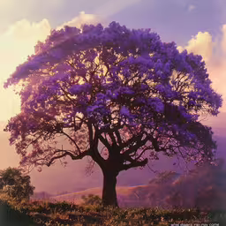purple tree on grassy field near clouds and hills,purple flowers in the trees at sunset with hills in background