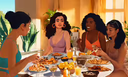 a group of women siting at a table eating,three woman are having dinner together with a drink and food
