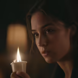 a woman holding up a lit candle to look down
