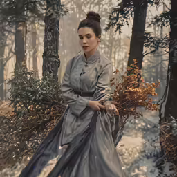 the woman is wearing grey dress in the woods