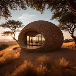 a modern home made of rocks on the desert