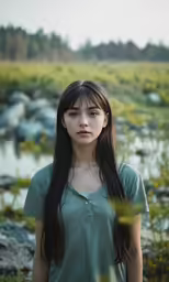 a young woman standing near some water