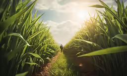the sun shining down on a person walking in a corn field