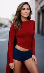 woman with red top and blue bottom posing for a picture