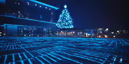 lit christmas tree sitting on top of a wooden floor