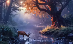 a deer with antlers drinking from a river