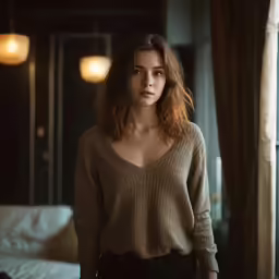 a young woman looks over her shoulder as she stands in front of the window