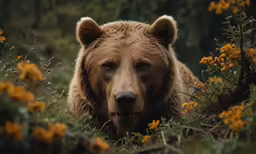 a close - up of a brown bear in a field of flowers