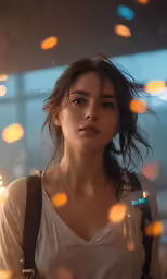 a young woman standing in front of a window