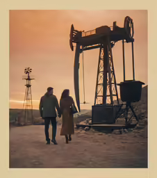an old picture with two people walking by the well