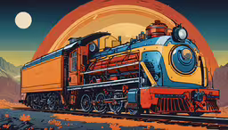 a painting of a train engine on the tracks,a blue and yellow train on tracks under a rising sun