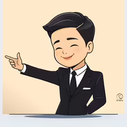 the young man with black hair is dressed in a suit and pointing