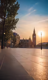 the sun is shining bright over some buildings
