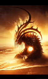 a monster like creature swimming in water during a golden sunset