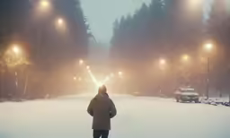 a person walking through a snow covered street