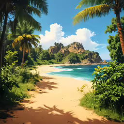 the sandy shore has many trees and shrubs