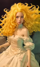 a young girl dressed in white dress and yellow wig