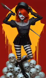 a woman in a black dress and red hair holding two large knives