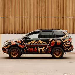 the jeep has designs on it parked outside