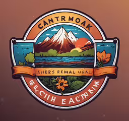 the front and back side of a badge with a mountain, river, and mountains in it,a picture of a cantrilo peak, the famous attraction in the area