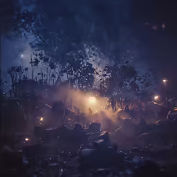 a night scene of a street light and fog