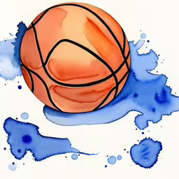 watercolor painting of basketball on white surface with blue splashs,a drawing of a basketball over blue water with splashes