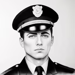 black and white photo of officer with hat