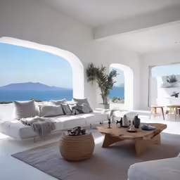 a living room filled with furniture next to windows