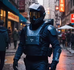 a man in full protective gear walking down a city street,a person in a helmet and protective gear walking in a street