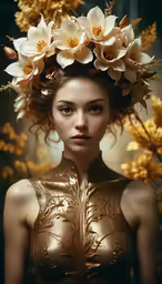 a young woman wearing a golden dress with large flowers in her hair