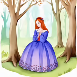 a little girl in a blue dress next to some trees